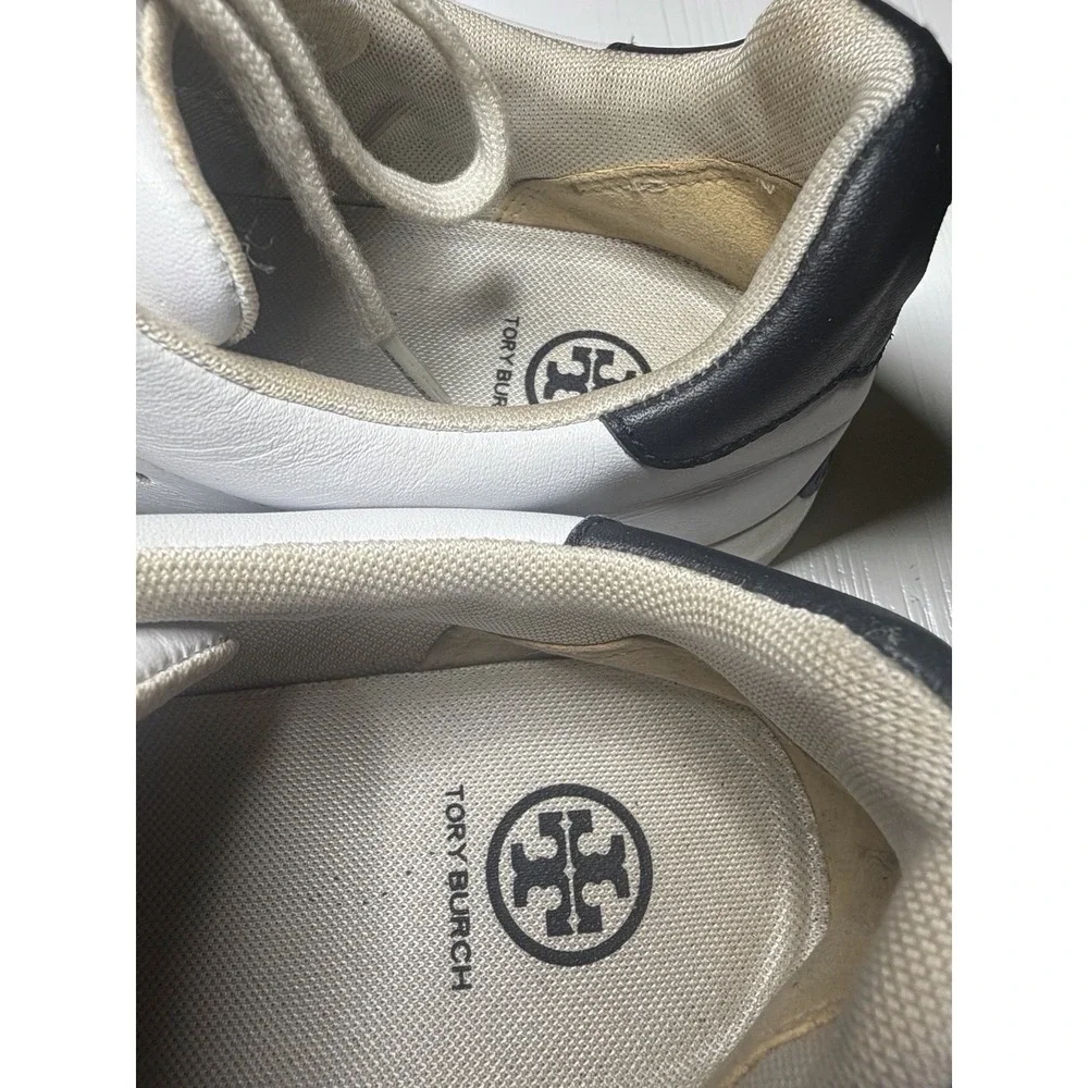 TORY BURCH Howell Court Sneakers White  Navy Blue Gold Logo Women's Sz 10